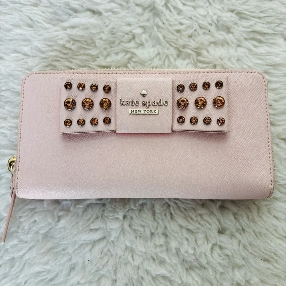 Kate Spade Pink Leather w/ Bow w/ Rhinestone zip around Long Wallet